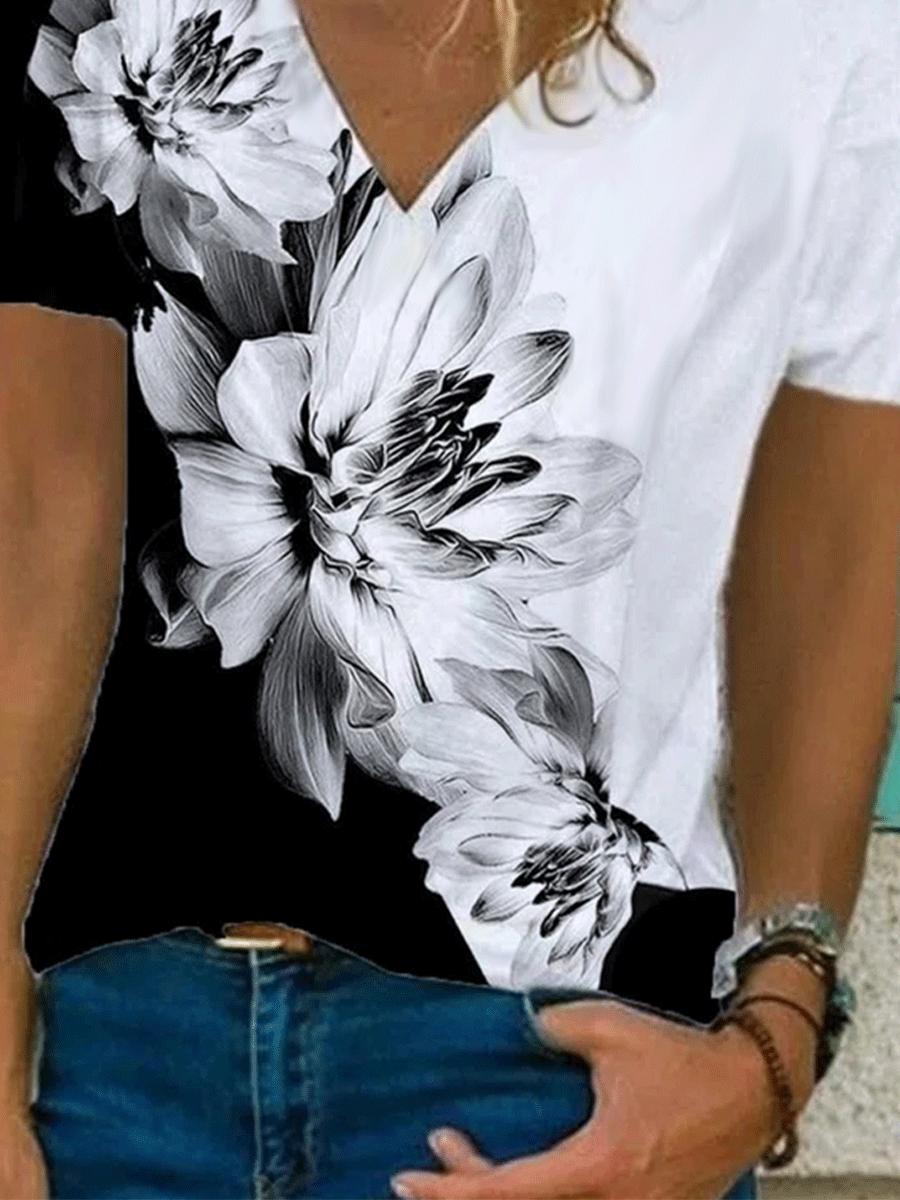 Fashion Flower Print V-neck Short-sleeved Casual T-shirt