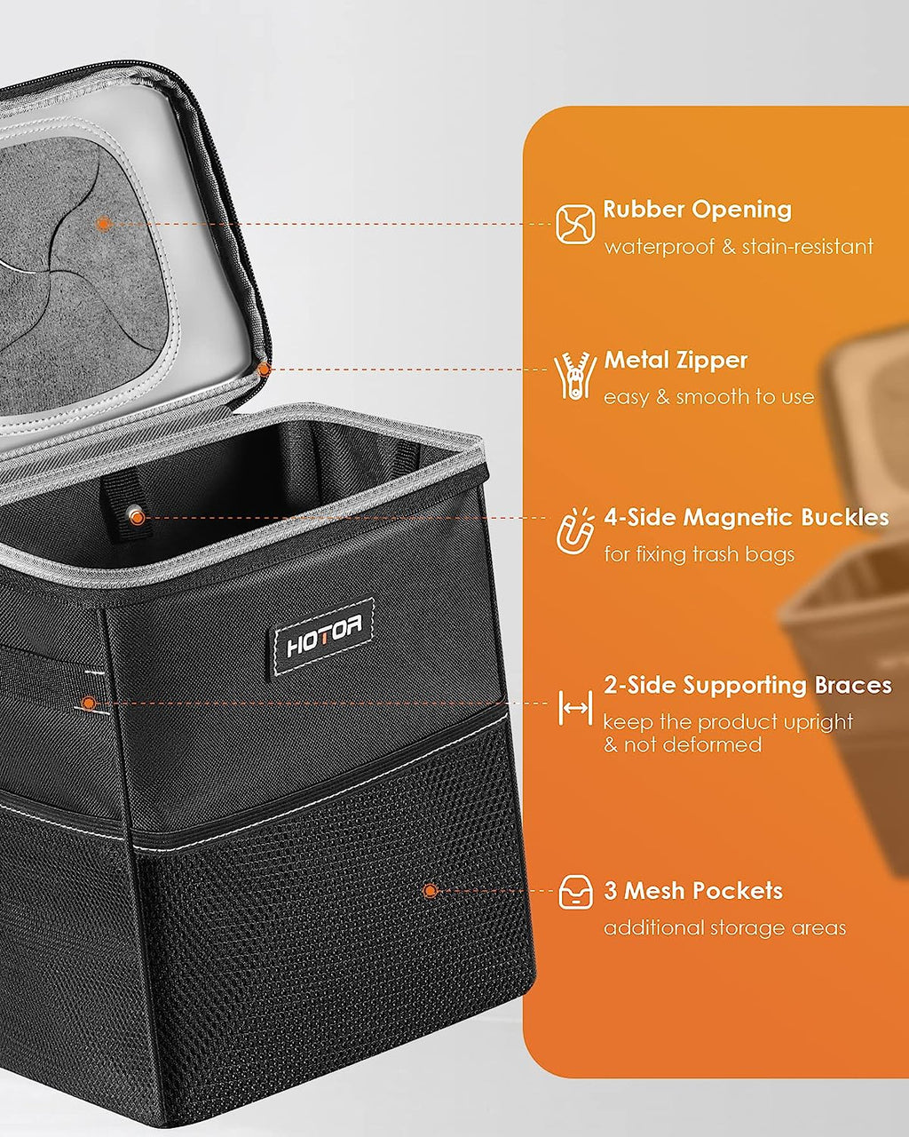 HOTOR Trash Can with Lid and Storage Pockets, 100% Leak-Proof Organizer, Waterproof Garbage Can, Multipurpose Trash Bin for Car - Black