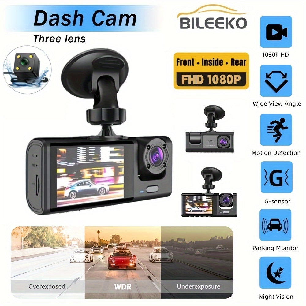 3 Channel Dash Cam Front And Rear Inside, 1080P Car DVR Camera Video Recorder G-Sensor Night Vision/ParMonitor/Accident Lock/Loop Recording