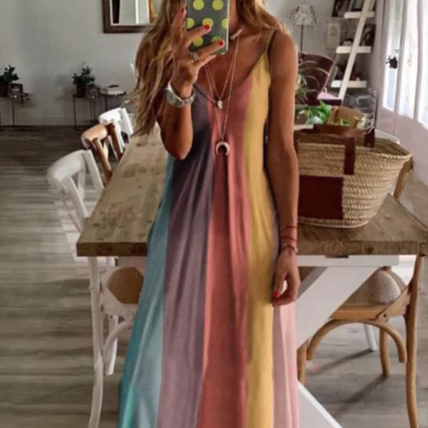 Vacation Rainbow Print Camisole Maxi Dress