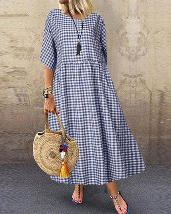 round neck plaid loose casual dress