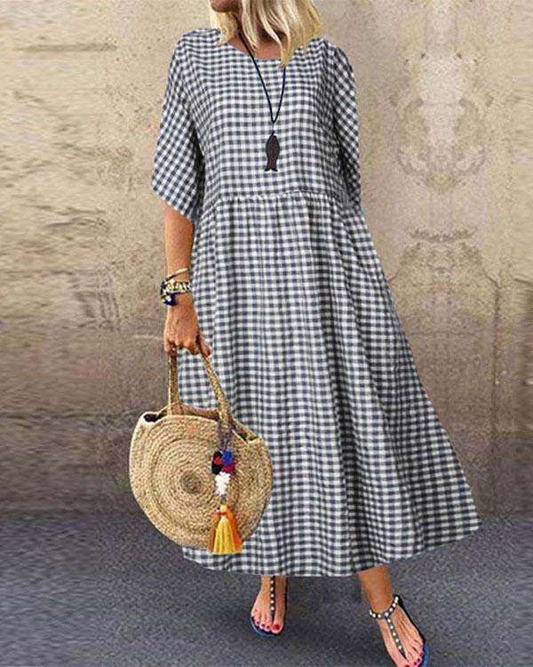 round neck plaid loose casual dress