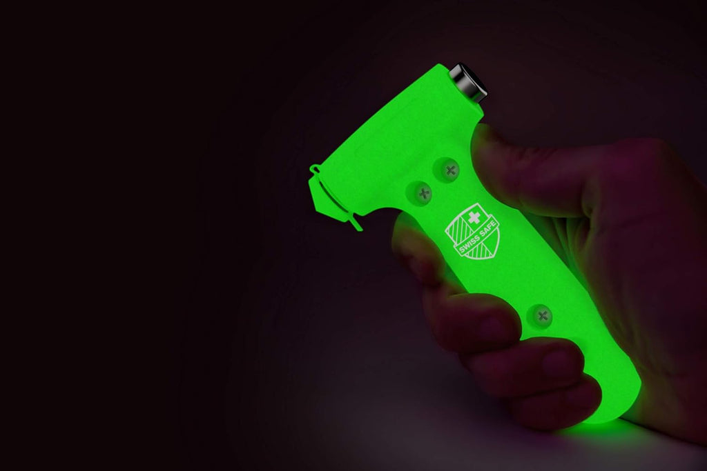 Swiss Safe 5-in-1 Car Safety Hammer, Emergency Escape Tool with Car Window Breaker and Seatbelt Cutter, Glow in The Dark