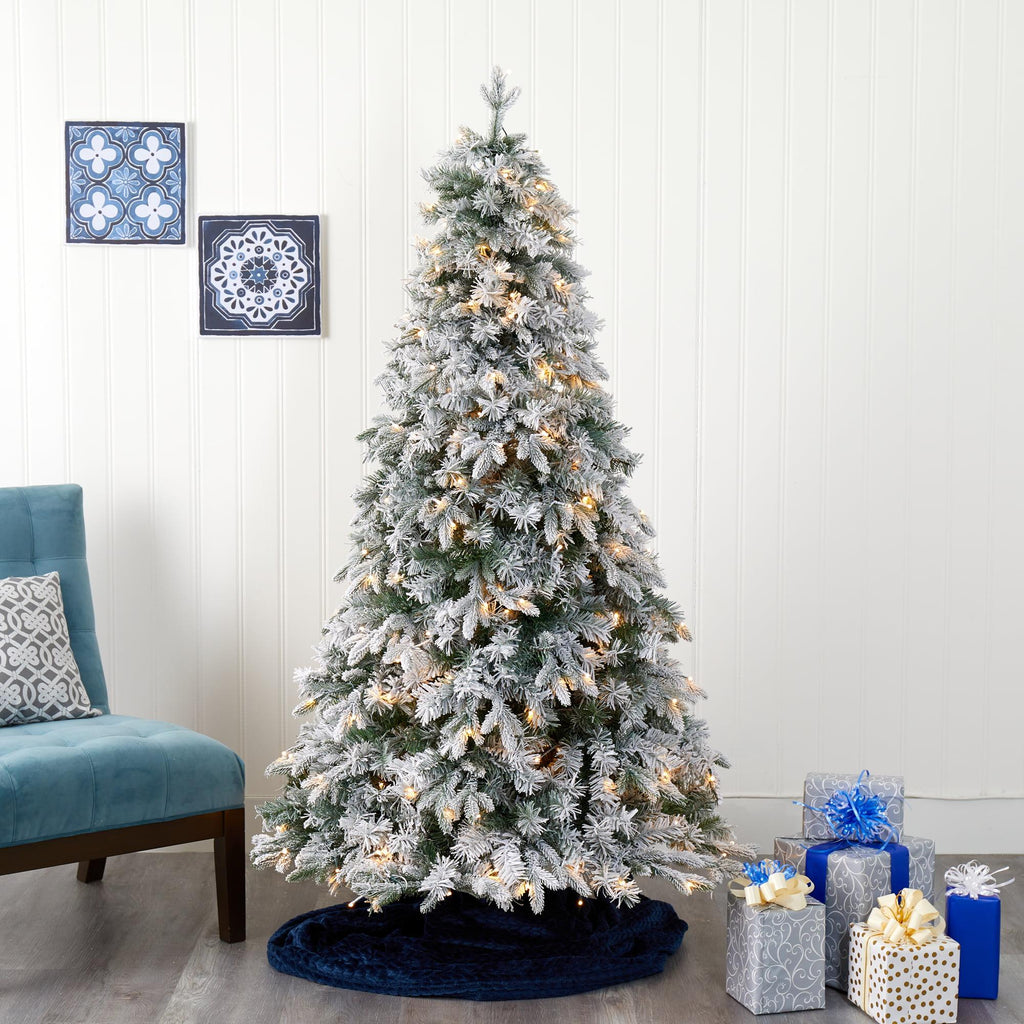 Nearly Natural 6' Flocked Vermont Mixed Pine Artificial Christmas Tree with 300 Clear LED Lights
