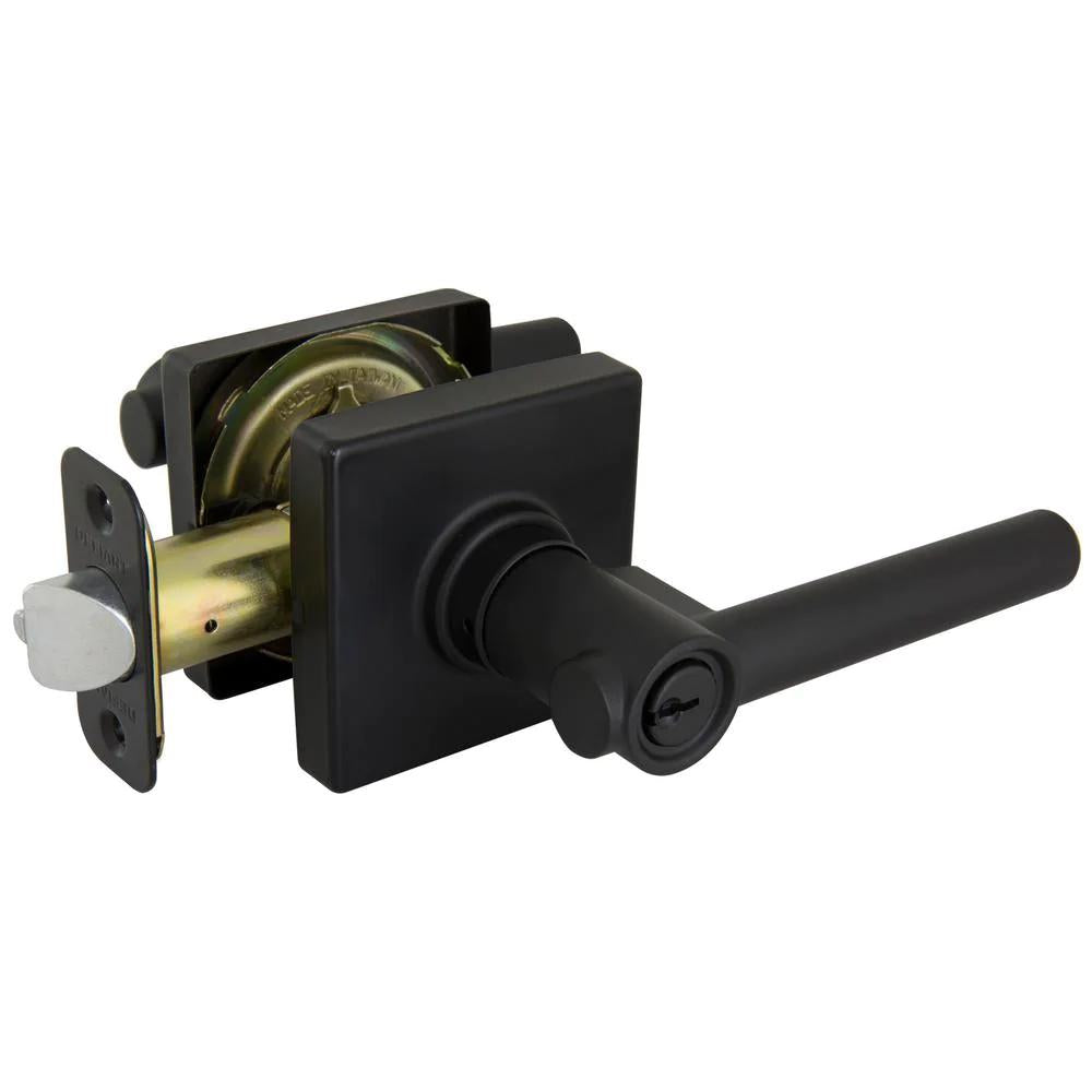 Highland Matte Black Keyed Entry Door Lever with Square Rose