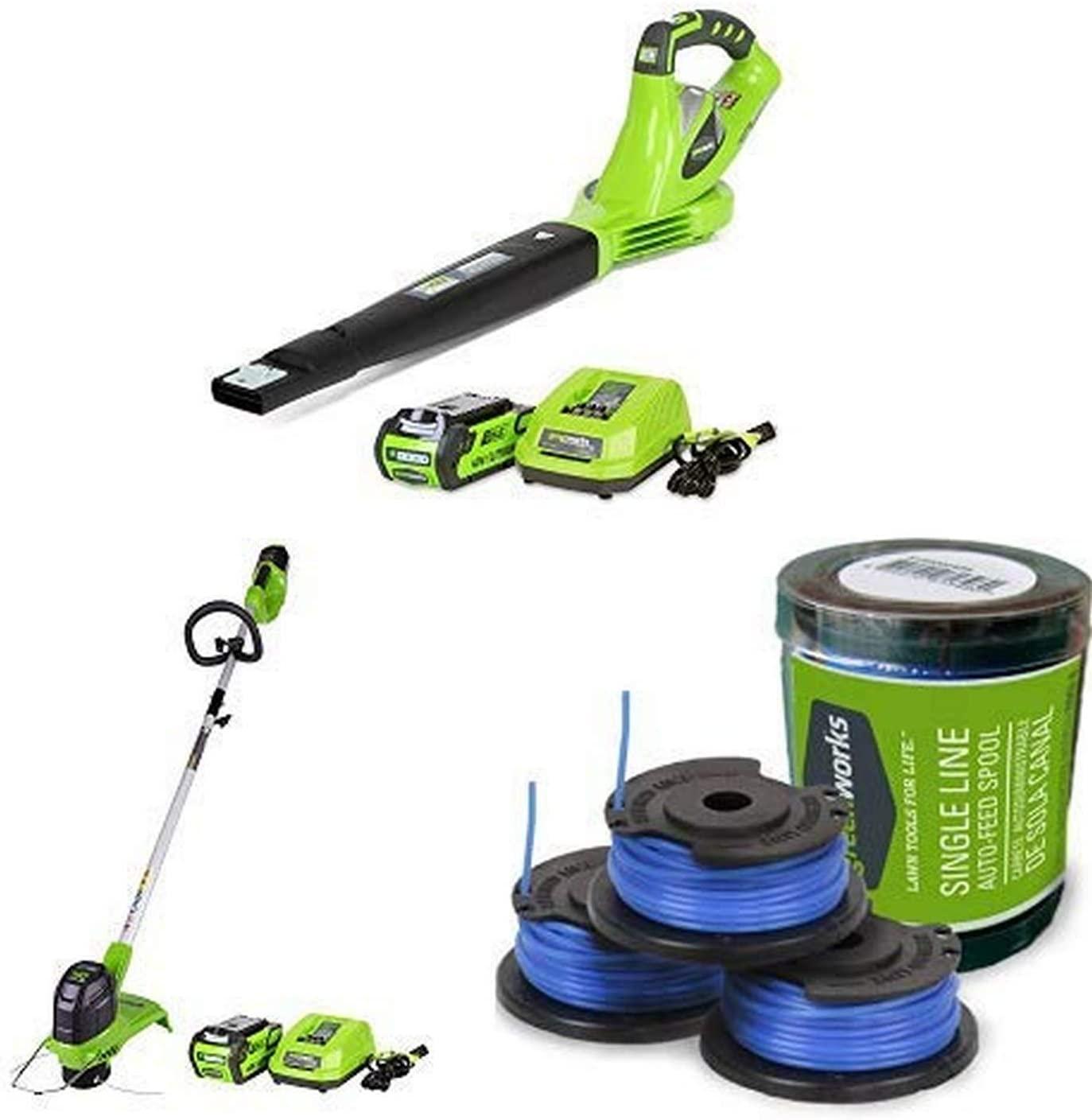 Greenworks 40V Variable Speed Cordless Blower, 2.0 AH Battery Included with Cordless String Trimmer, 2.0 AH Battery Included and Single Line String Trimmer Replacement Spool 3-Pack