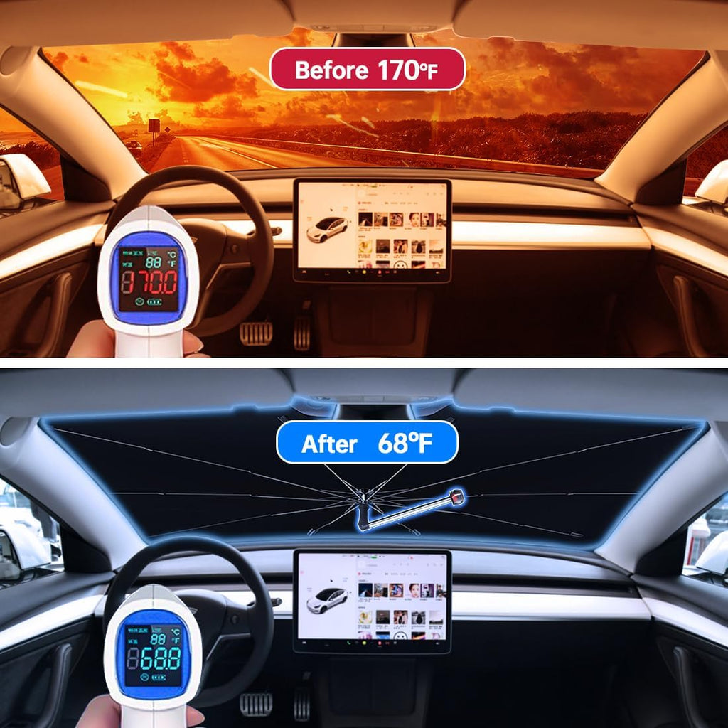 Upgraded Windshield Sun Shade, Car Sunshade with 360° Rotating Shaft, Umbrella Sun Shade Cover with Window Breaker, Suitable for Sedan, SUV, Pickup（Blue Sky）