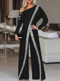 Fashion Sequin Print Off-shoulder Long Sleeve Jumpsuit Women