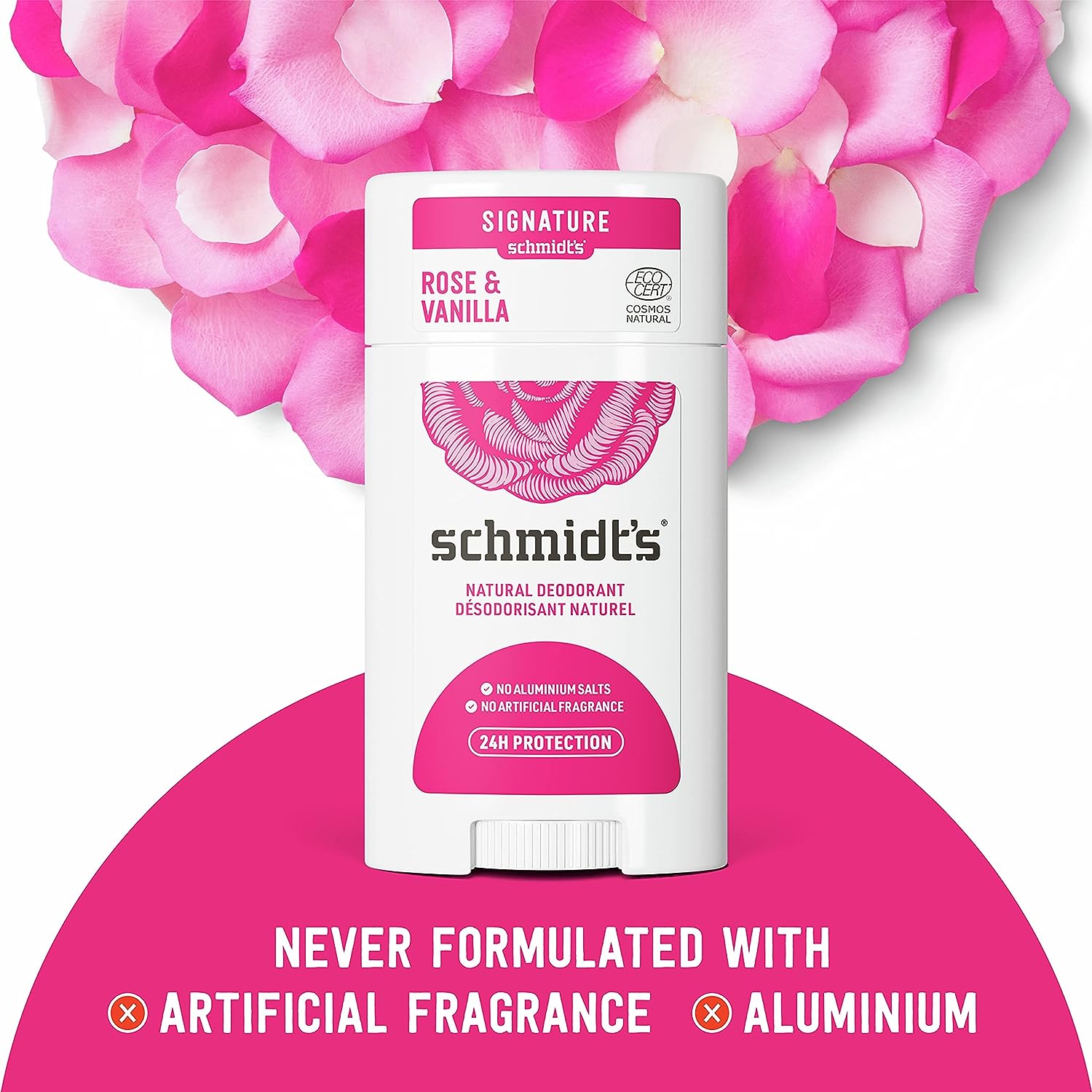 Schmidt's Aluminum Free Natural Deodorant for Women and Men, Rose and Vanilla with 24 Hour Odor Protection, Certified Natural, Vegan, Cruelty Free, 2.65 oz Pack of 2