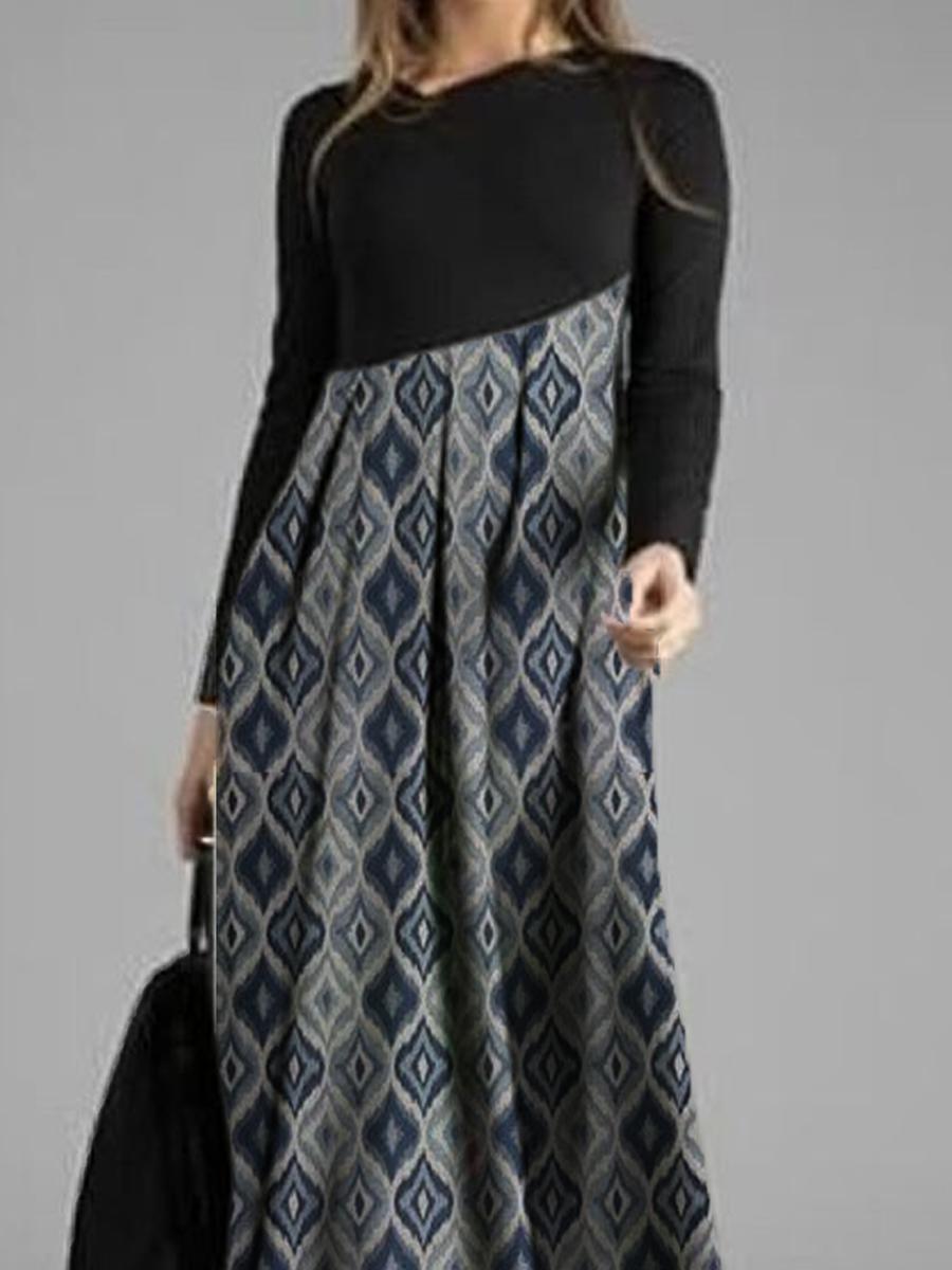 Ladies Retro Printed Casual Long Sleeve Maxi Dress