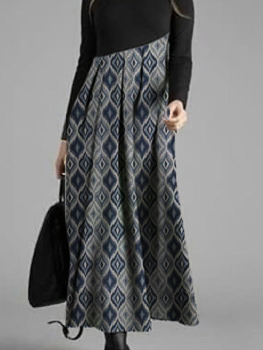 Ladies Retro Printed Casual Long Sleeve Maxi Dress