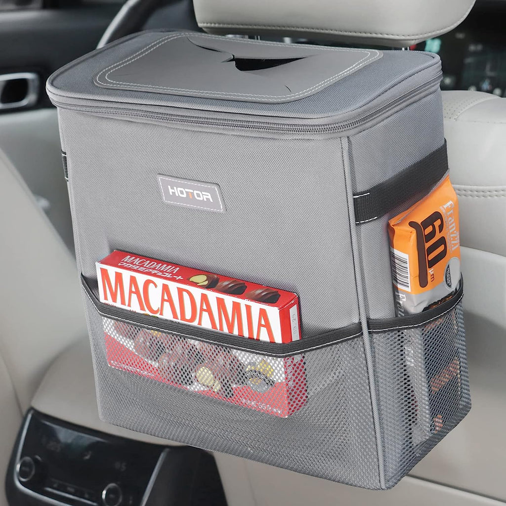 HOTOR Car Trash Can, 3-Gallon Ultra-Large Car Garbage Can, 100% Leakproof &amp; Waterproof Trash Can for Car, Multipurpose Car Trash Bin with Adjustable Straps, Magnetic Buckles, Mesh Pockets (Gray)