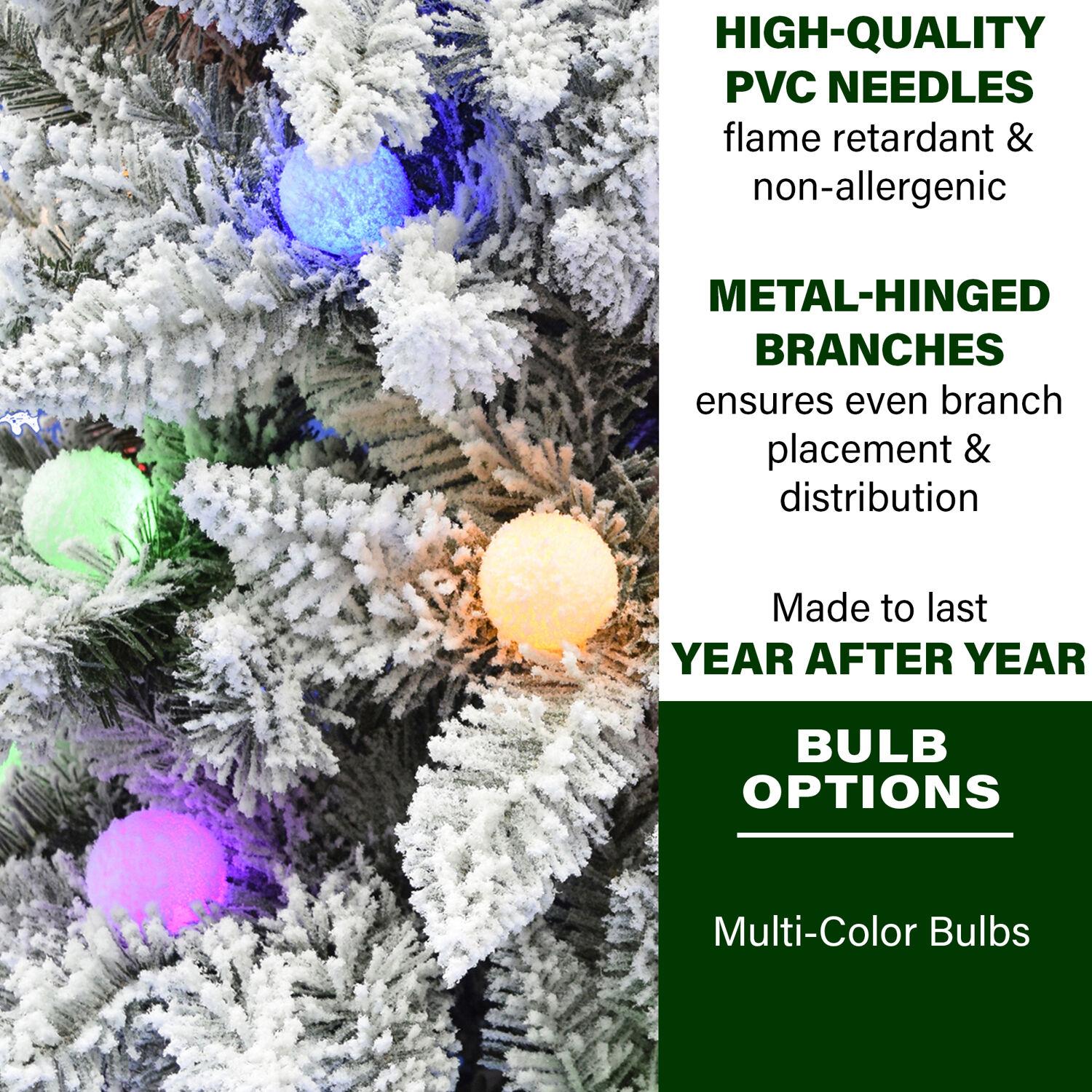 Fraser Hill Farm Multi-color Prelit LED White Flocked Slim Christmas Tree, 7.5'