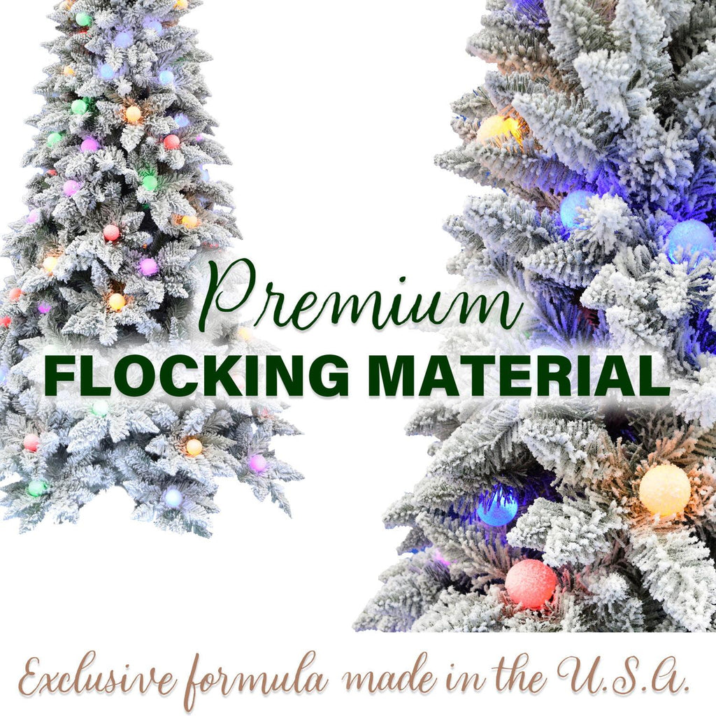 Fraser Hill Farm Multi-color Prelit LED White Flocked Slim Christmas Tree, 7.5'