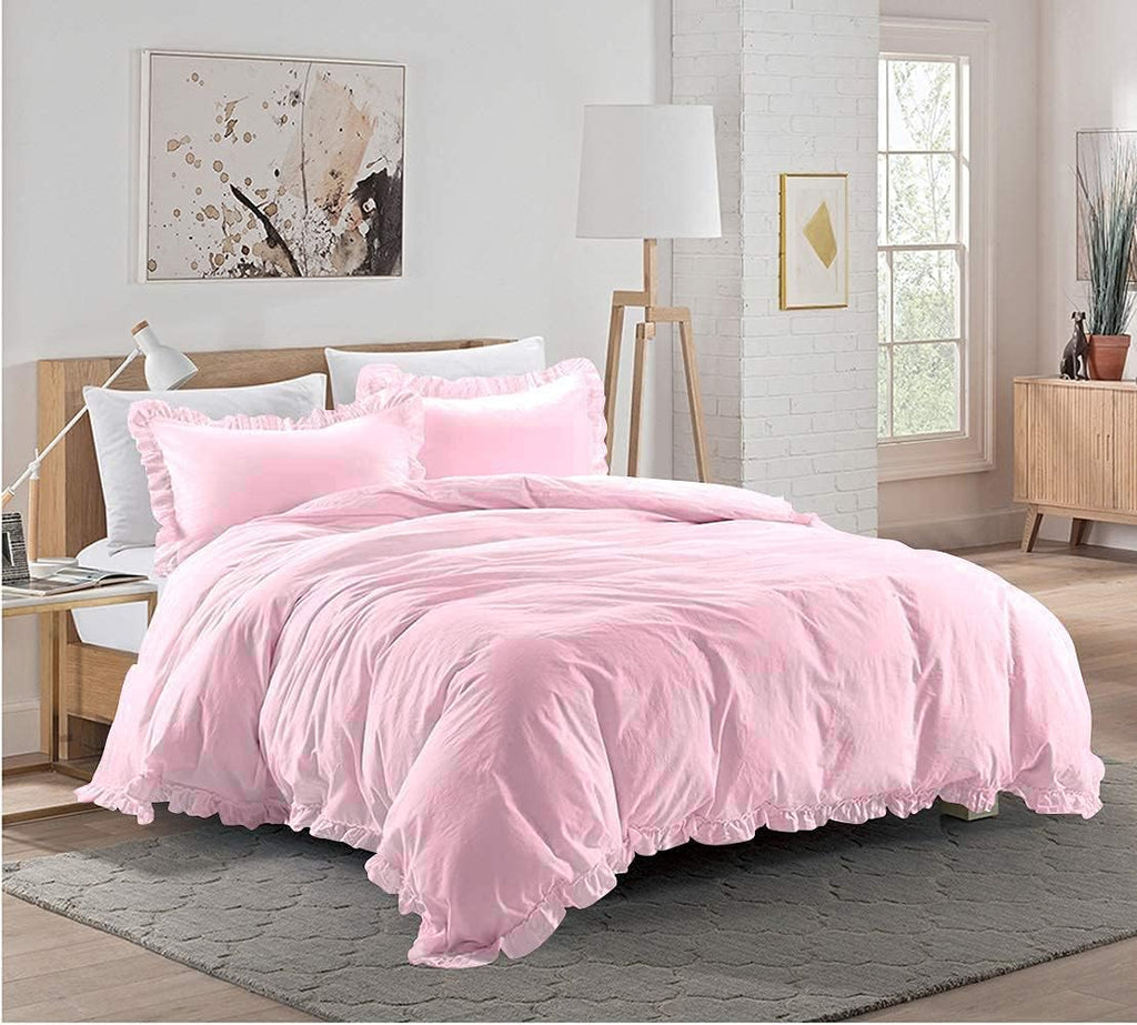 Ultra Soft 1 Piece Frilled Duvet Cover with Beautiful Corner Edge Ruffle Comforter Cover Cotton 800 TC Solid Full/Queen Size, Pink