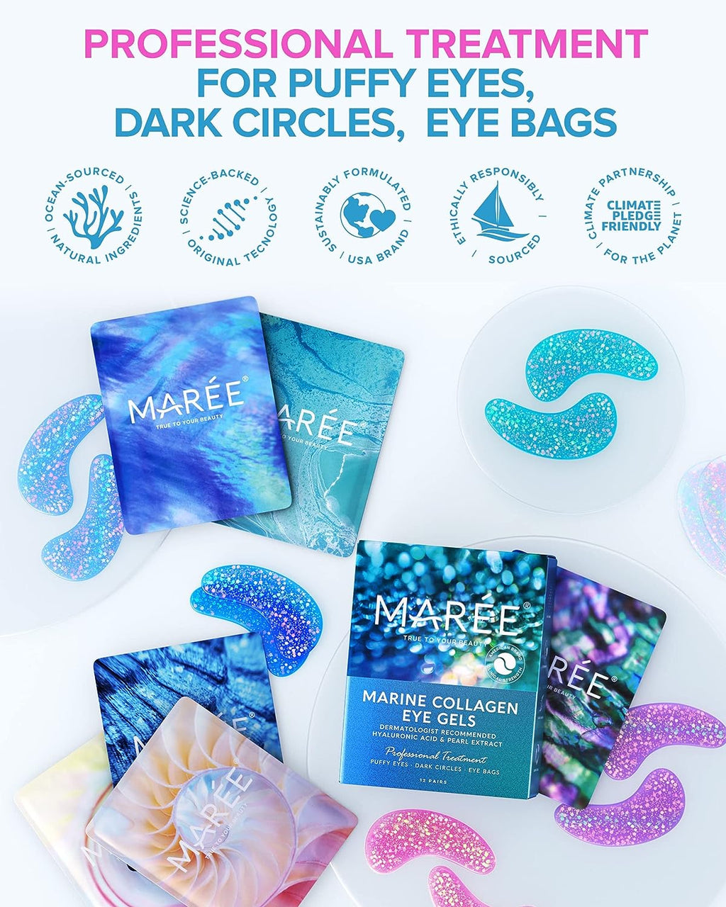 Maree Eye Gel Pads - Reduce Wrinkles, Puffy Eyes, Dark Circles, Eye Bags - Natural Marine Collagen Eye Gels with Hyaluronic HA - Anti Aging Eye Mask Patches &amp; Face Moisturizer