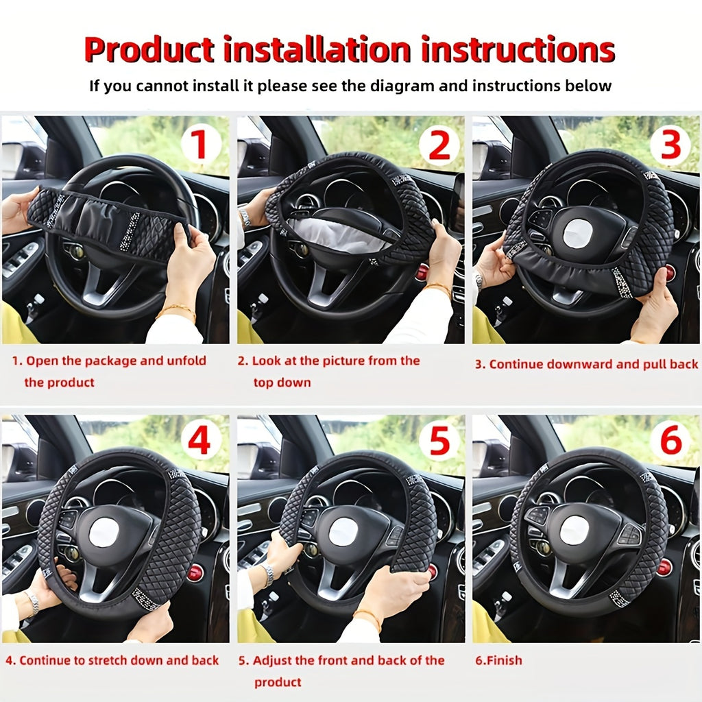 Car Pu Leather Steering Wheel Cover, 14.57-14.96inch Artificial Diamond, Steering Wheel Cover