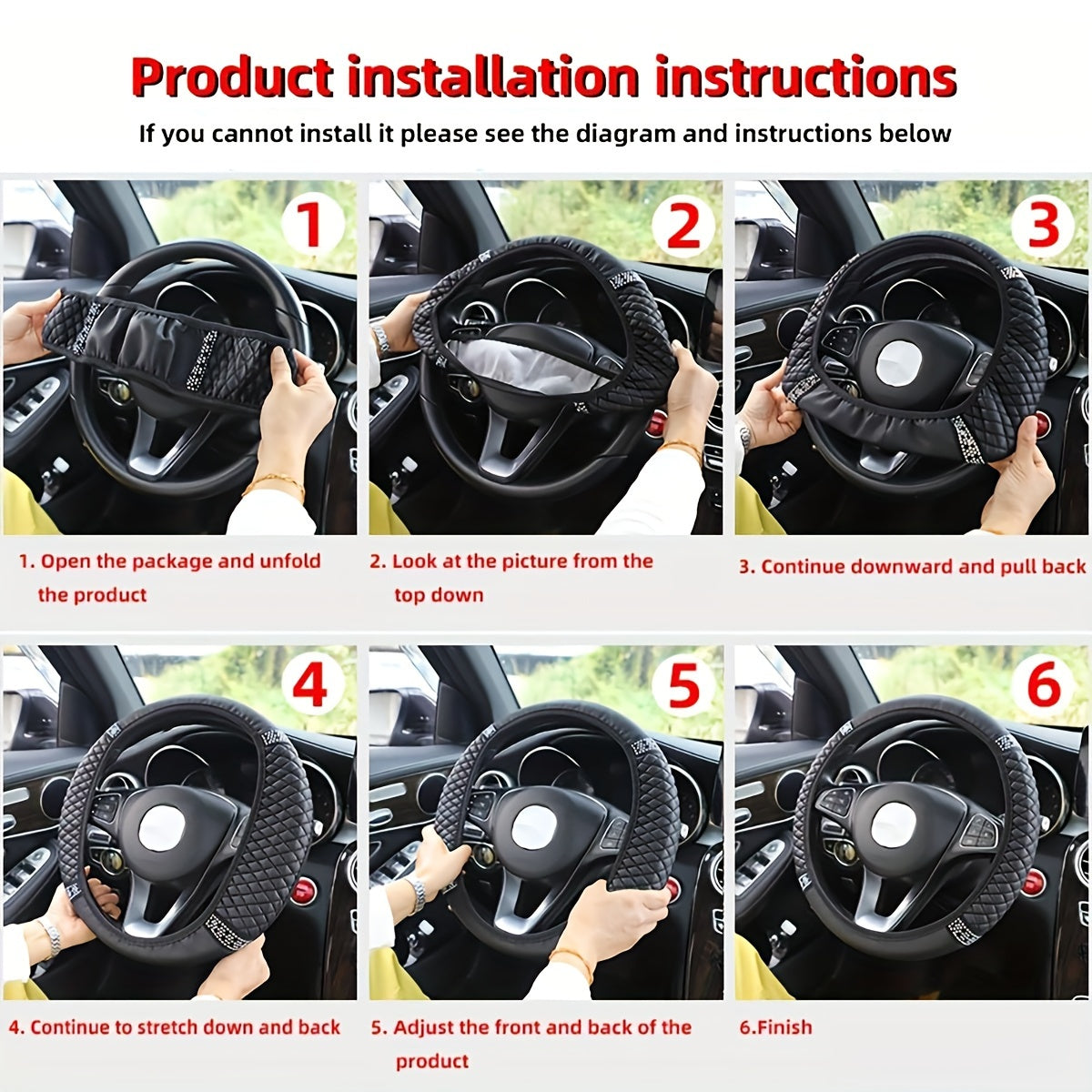 Car Pu Leather Steering Wheel Cover, 14.57-14.96inch Artificial Diamond, Steering Wheel Cover
