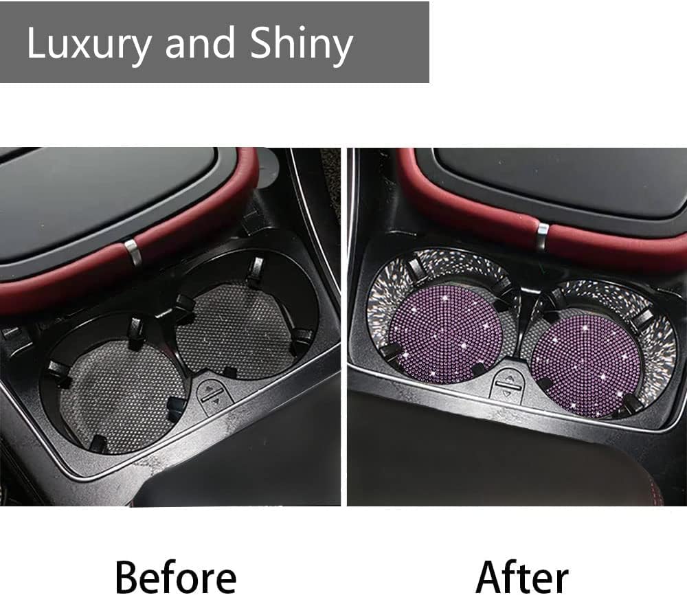 2pcs Bling Car Cup Holder Coaster, 2.75 inch Anti-Slip Shockproof Universal Fashion Vehicle Car Coasters Insert Bling Rhinestone Auto Automotive Interior Accessories for Women (2 pcs, Light Purple)
