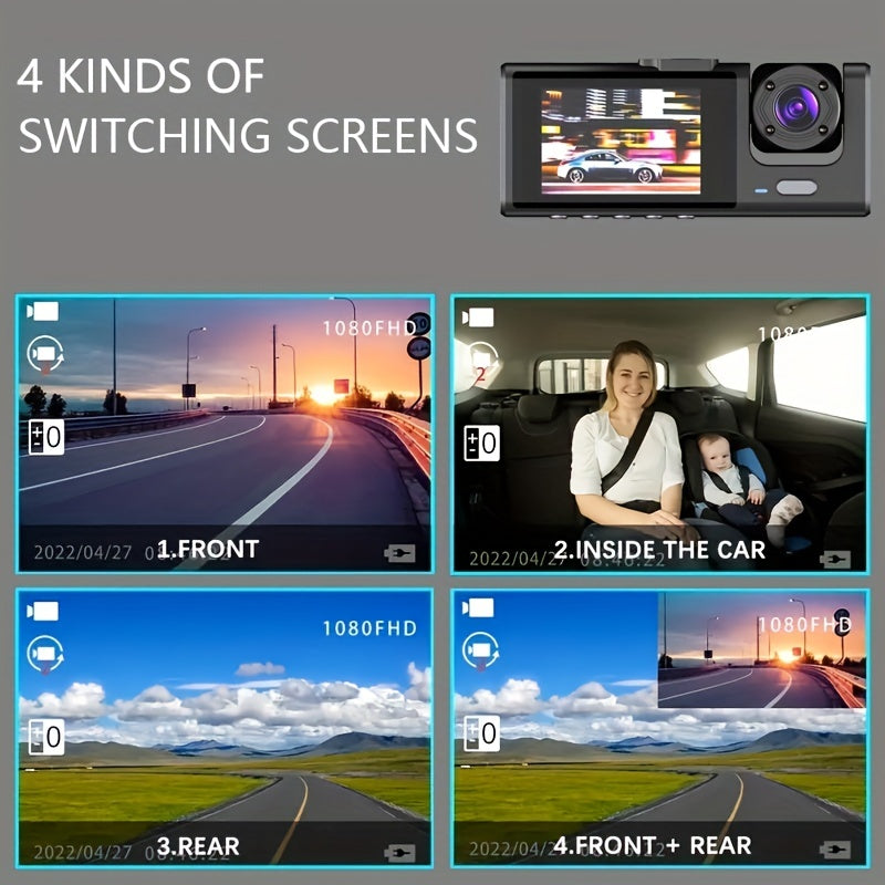 Camera FHD 1080P 3-Channel Dash Camera Front And Rear Inside Dash IR Night Vision Loop Recording G-Sensor Car DVR Camera With 2-Inch IPS Screen 3 Cameras