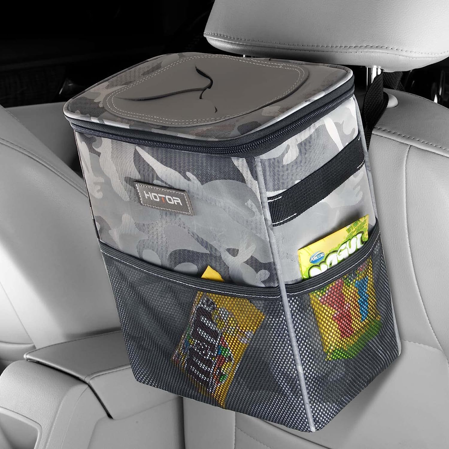 HOTOR Car Trash Can, Multifunctional Car Accessory for Interior Car Stuff Storage with Compact Design, Waterproof Car Organizer and Storage with Adjustable Straps, Magnetic Snaps (Camouflage Gray)