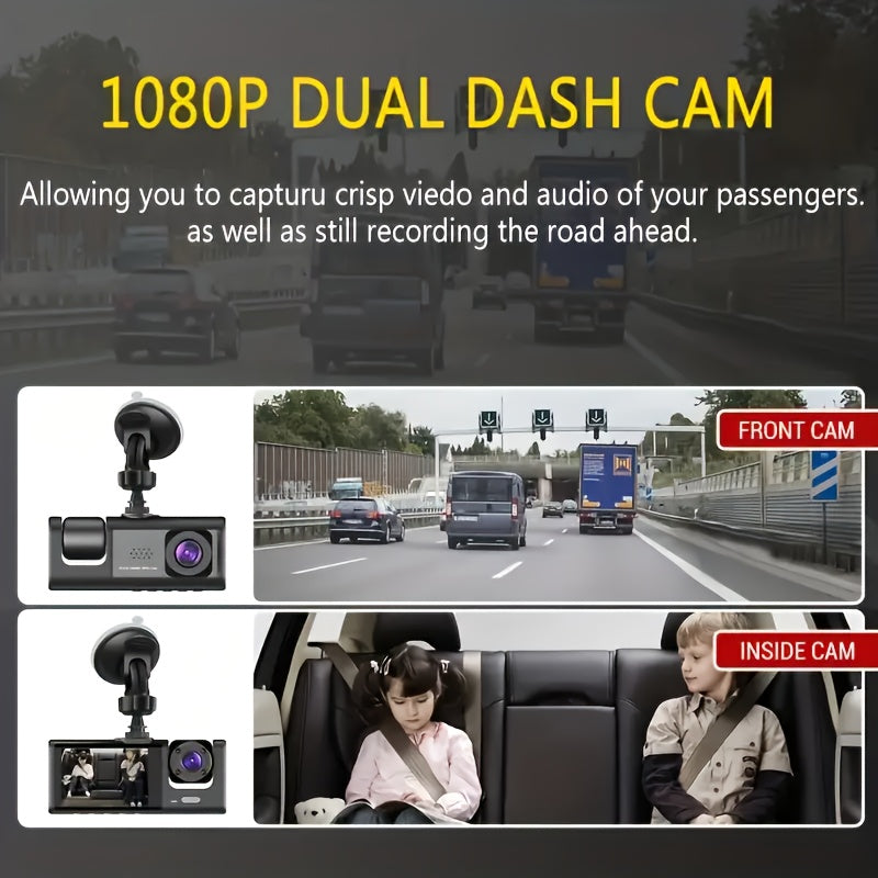 1080P Car Dash Cam 2 Camera Cycle Recording Video Recorder, Front And Inside View Camera, ParMonitor, Reverse Camera, Infrared Night Vision