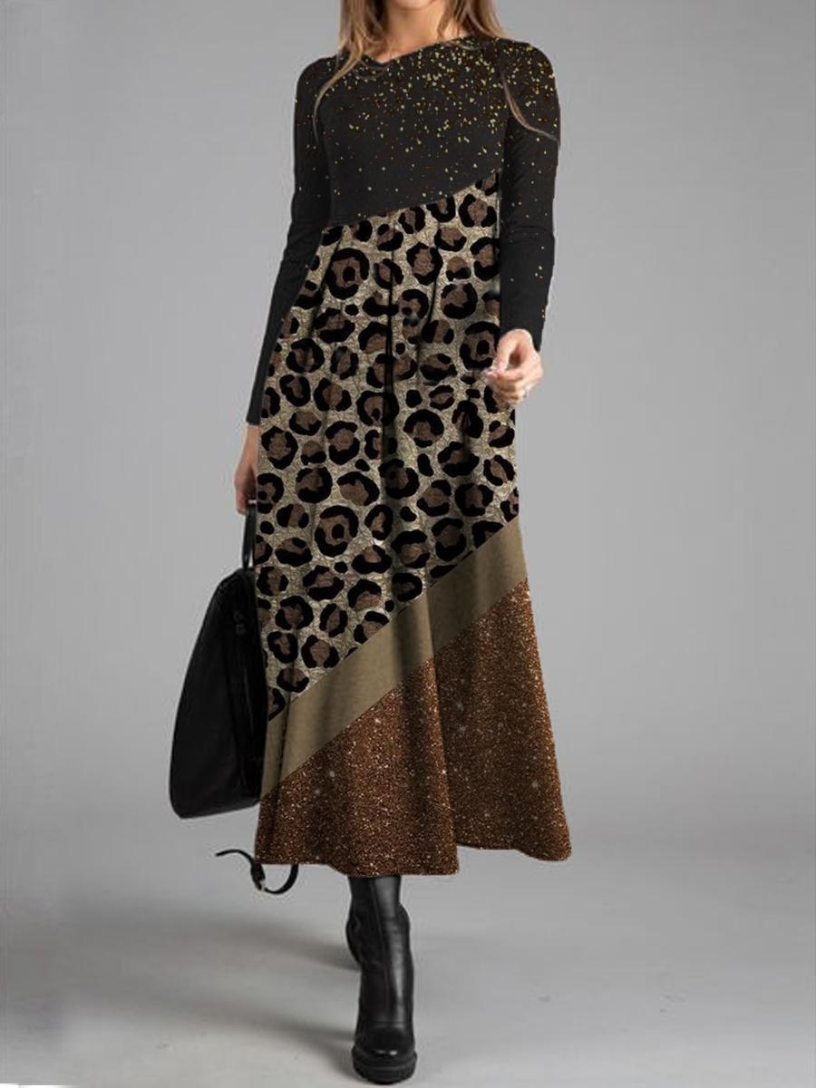 Casual Leopard Print Long Sleeved Maxi Dress Women