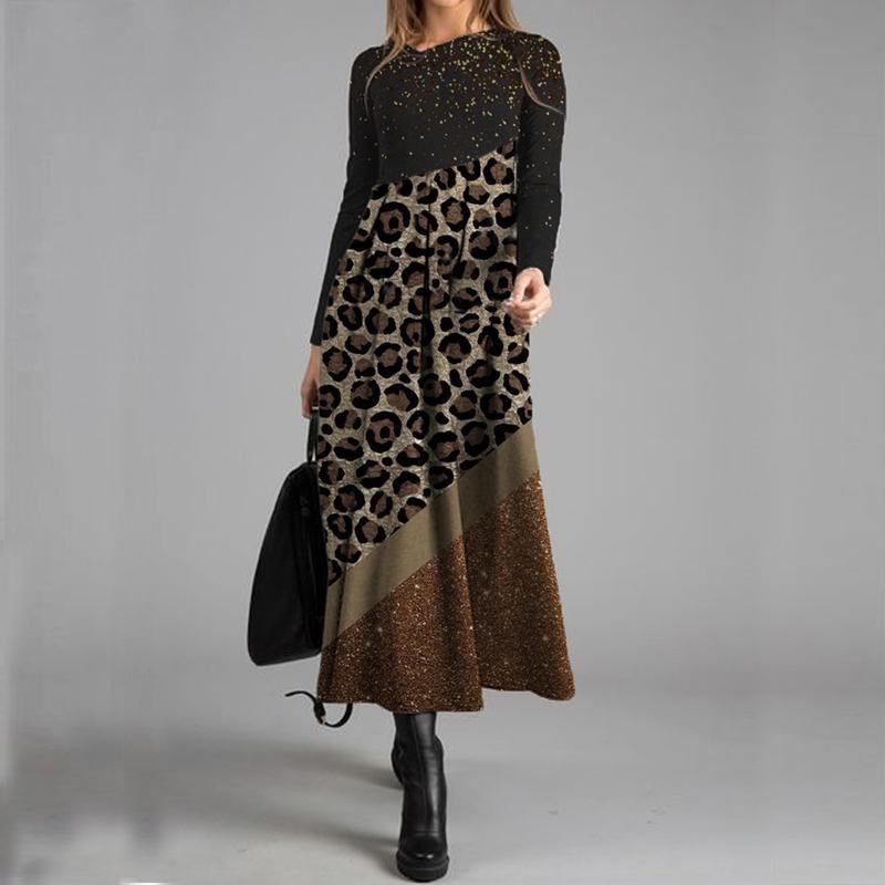 Casual Leopard Print Long Sleeved Maxi Dress Women