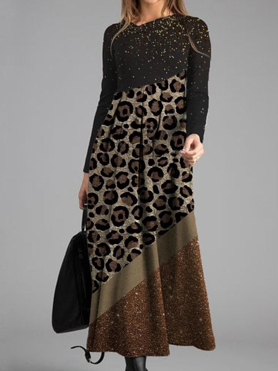 Casual Leopard Print Long Sleeved Maxi Dress Women