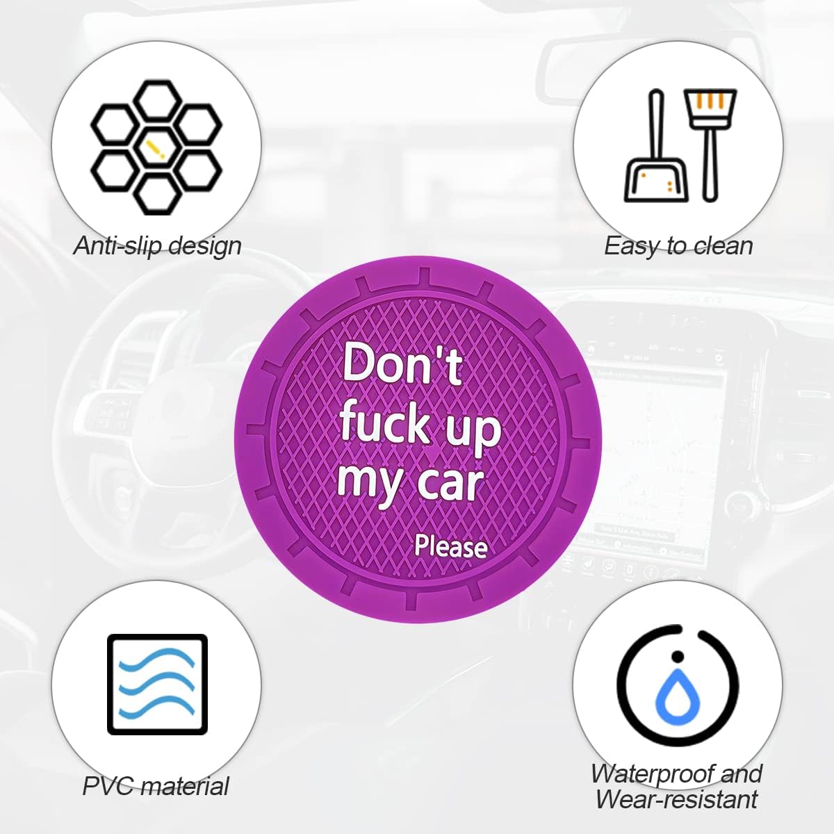 8sanlione Car Cup Coaster, 4Pcs 2.75 Inch Auto Cup Holder Insert Coasters, Anti-Slip Waterproof Embedded Drink Mat, Automotive Interior Accessories for Men and Women (D Purple/4PCS)