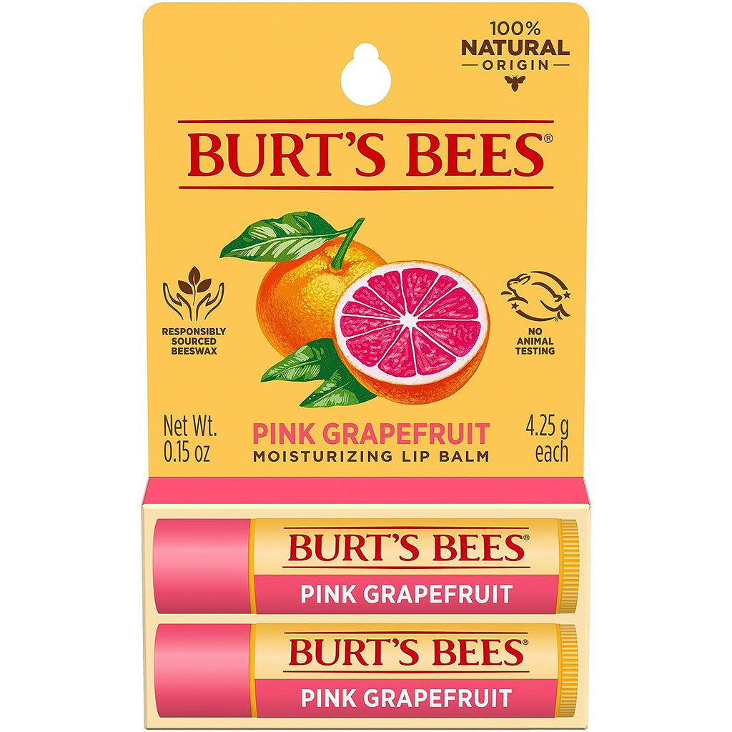 Burt's Bees Lip Balm, Moisturizing Lip Care, for All Day Hydration, 100% Natural, Pink Grapefruit with Beeswax &amp; Fruit Extracts (2 Pack)