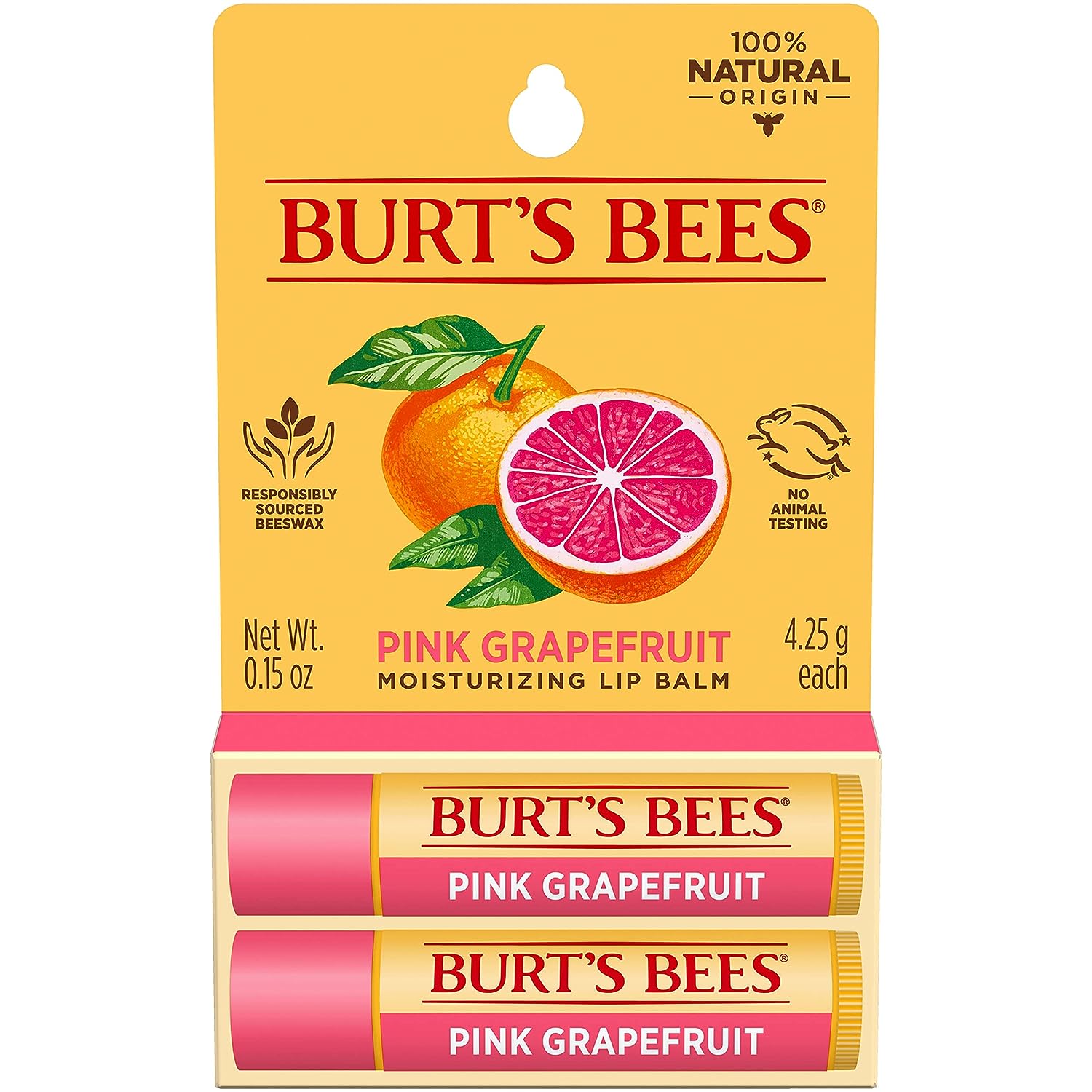 Burt's Bees Lip Balm, Moisturizing Lip Care, for All Day Hydration, 100% Natural, Pink Grapefruit with Beeswax &amp; Fruit Extracts (2 Pack)