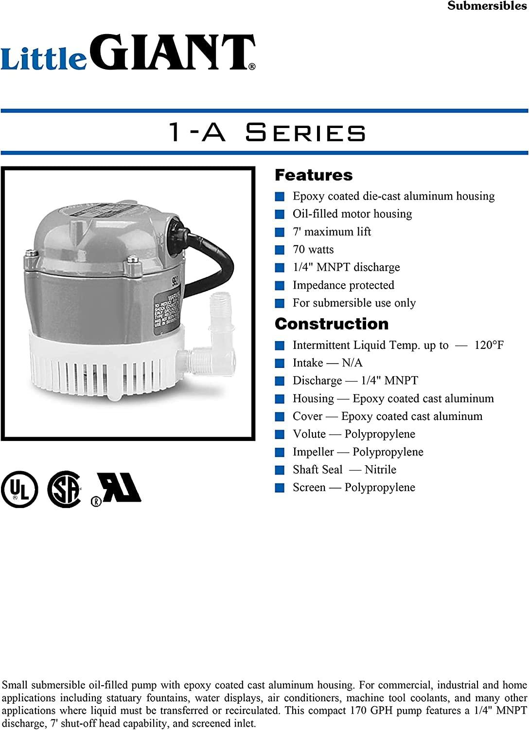 Little Giant 1-A 115 Volt, 1/200 HP, 170 GPH Small Submersible Permanently Oiled Pump for Fountain, Water Displays and Air Conditioners, 6-Foot Cord, Blue, 500203