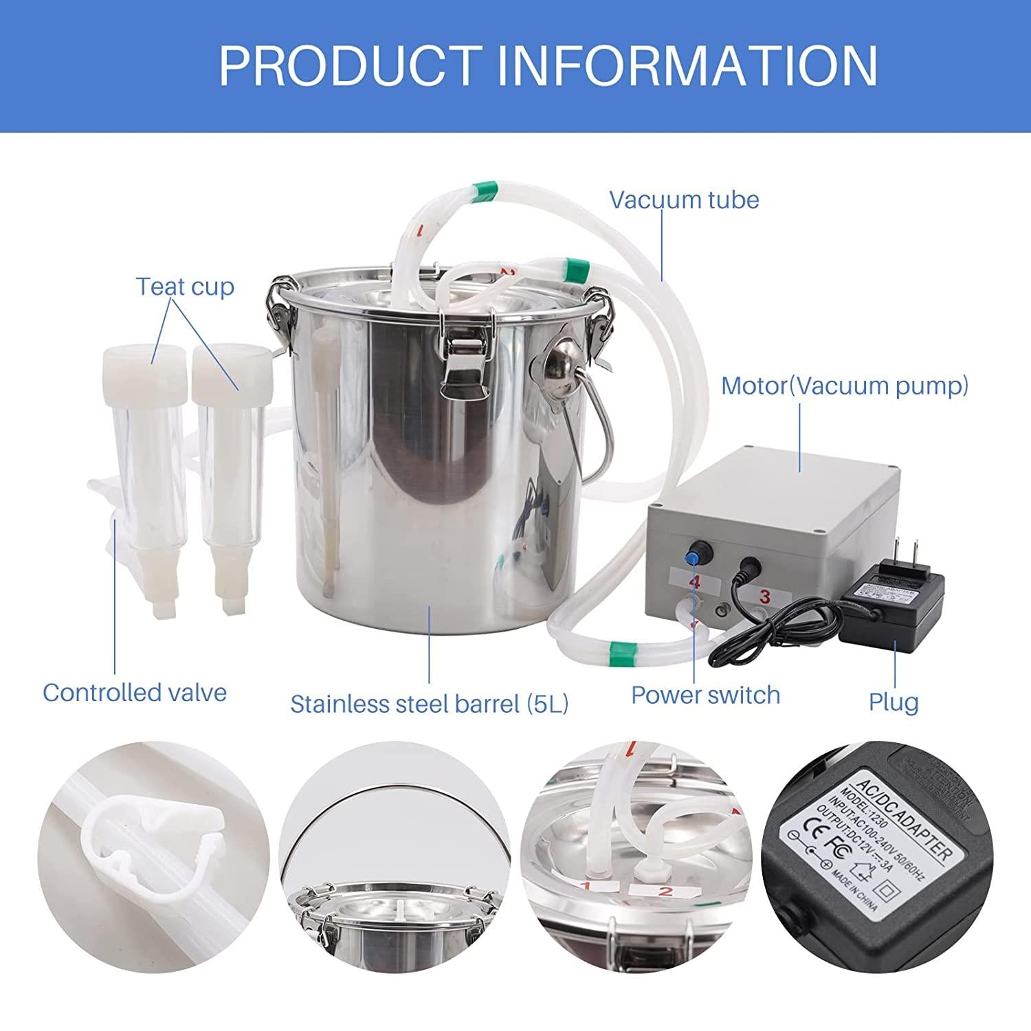 MINYULUA 5L Goat MilMachine, Pulsation Vacuum Pump Sheep Electric Milker, Automatic Portable Livestock MilSupplies Equipment with  Steel Bucket