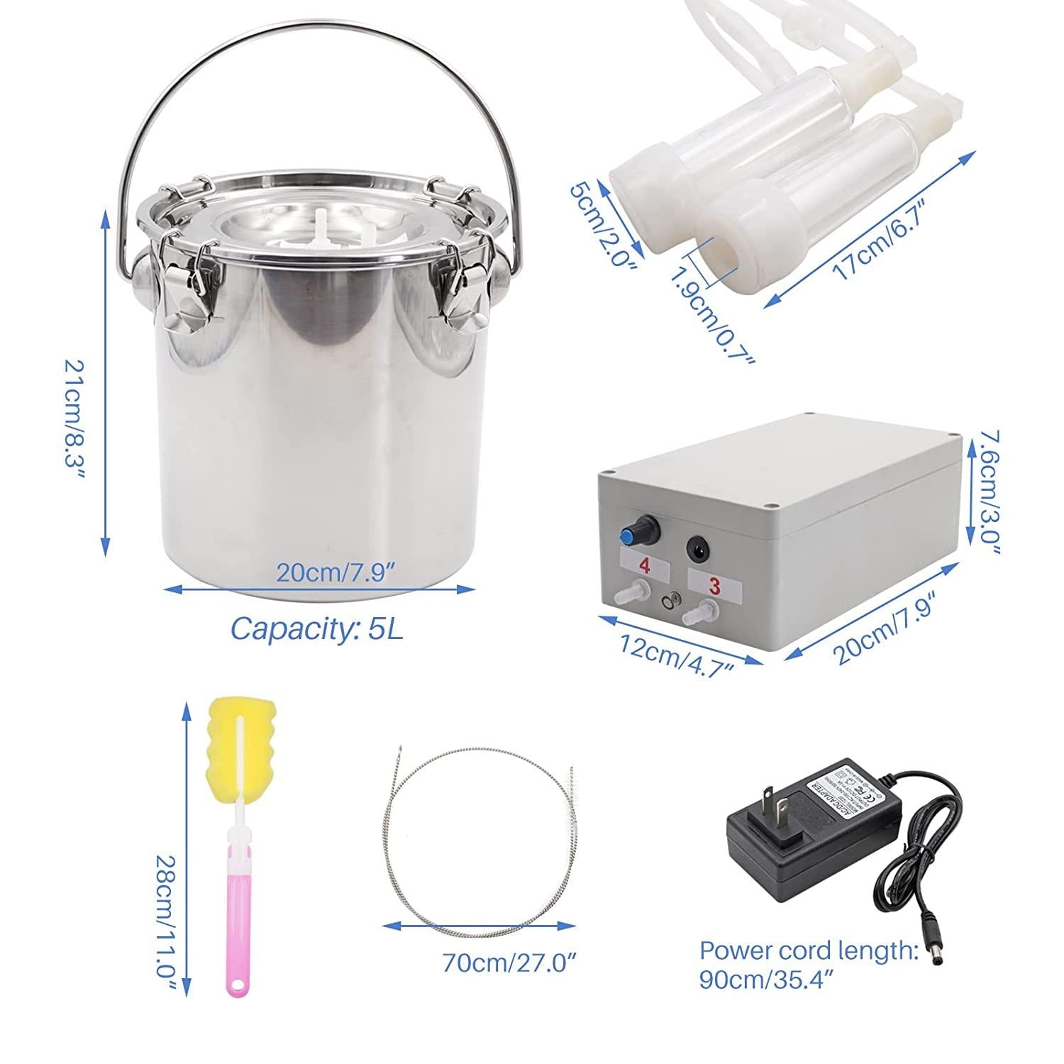 MINYULUA 5L Goat MilMachine, Pulsation Vacuum Pump Sheep Electric Milker, Automatic Portable Livestock MilSupplies Equipment with  Steel Bucket