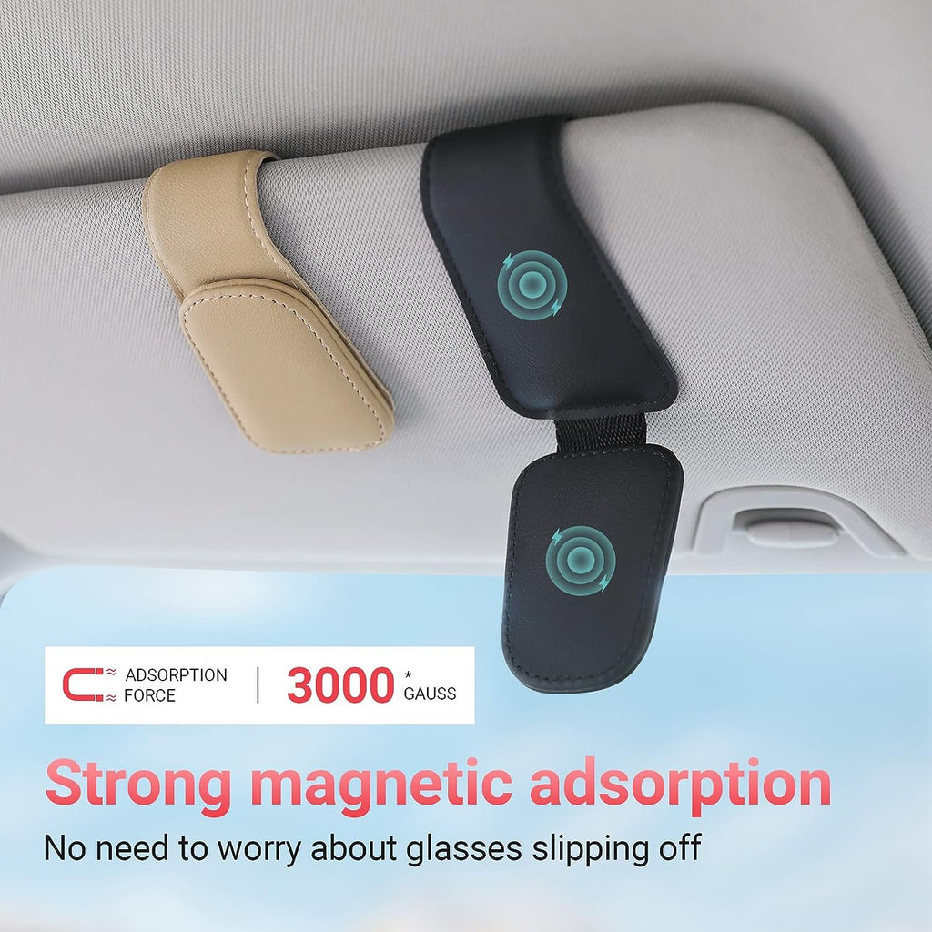 KanSmart Sunglass Holder for Car Visor Sunglasses Clip Magnetic Leather Glasses Eyeglass Holder Truck Car Interior Accessories Universal for Woman Man -Beige