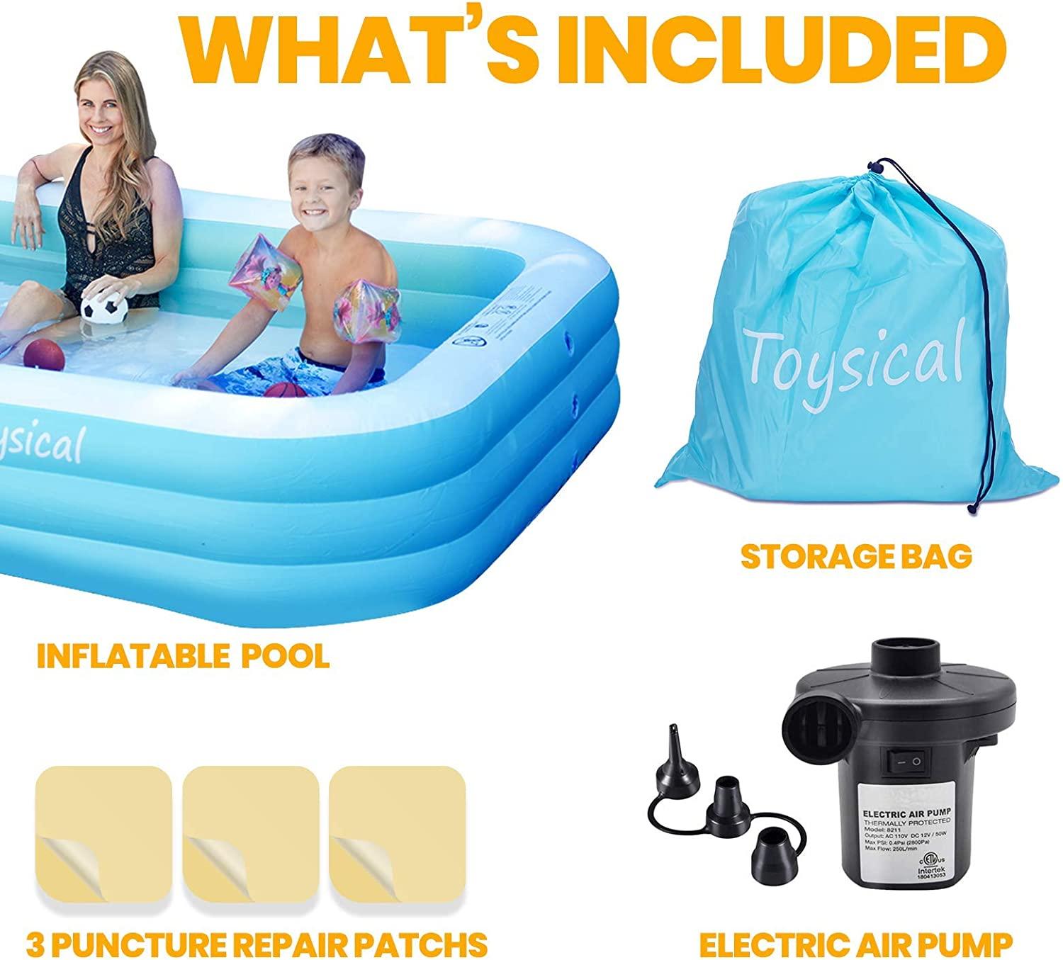 toysical inflatable pool with pump - 118 x 72 x 22 swimming pools for kids and adults or the entire family - more durable than other blow up pools for adults - includes patches