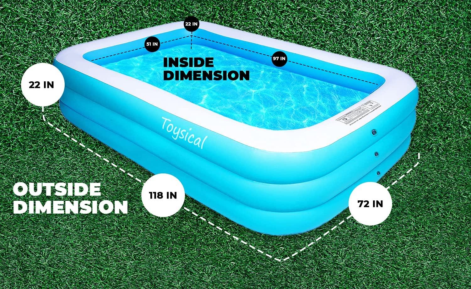 toysical inflatable pool with pump - 118 x 72 x 22 swimming pools for kids and adults or the entire family - more durable than other blow up pools for adults - includes patches