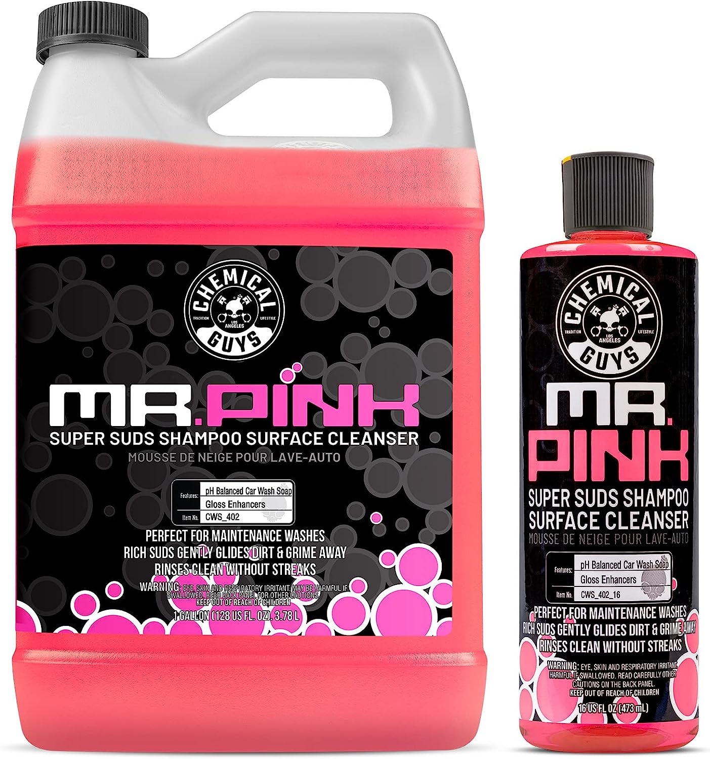 Chemical Guys CWS_402 Mr. Pink Car Wash Soap &amp; Refill Kit, 2 Bottles - (1) 16 oz and (1) Gallon (Works with Foam Cannons, Foam Guns or Bucket Washes) Safe for Cars, Trucks, Motorcycles, &amp; More, 144 oz