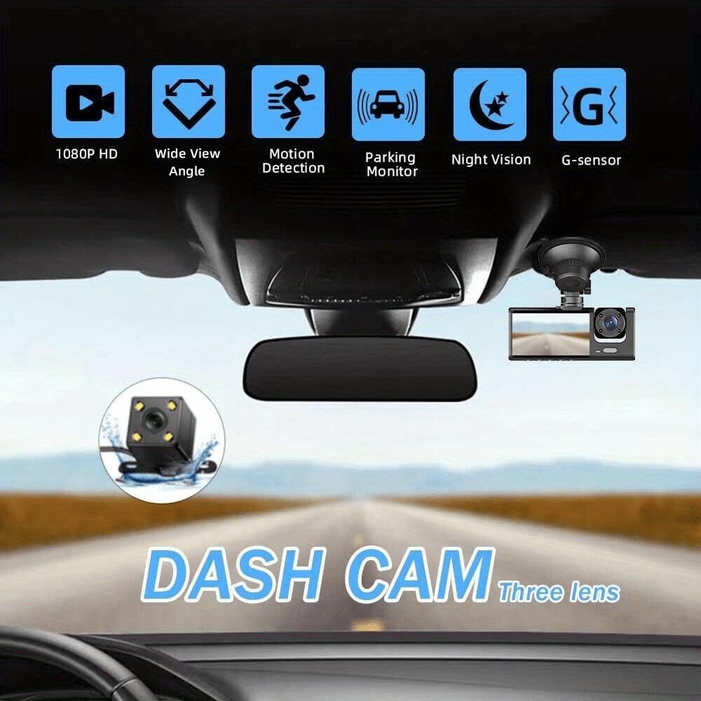 3 Channel Dash Cam Front And Rear Inside, 1080P Car DVR Camera Video Recorder G-Sensor Night Vision/ParMonitor/Accident Lock/Loop Recording