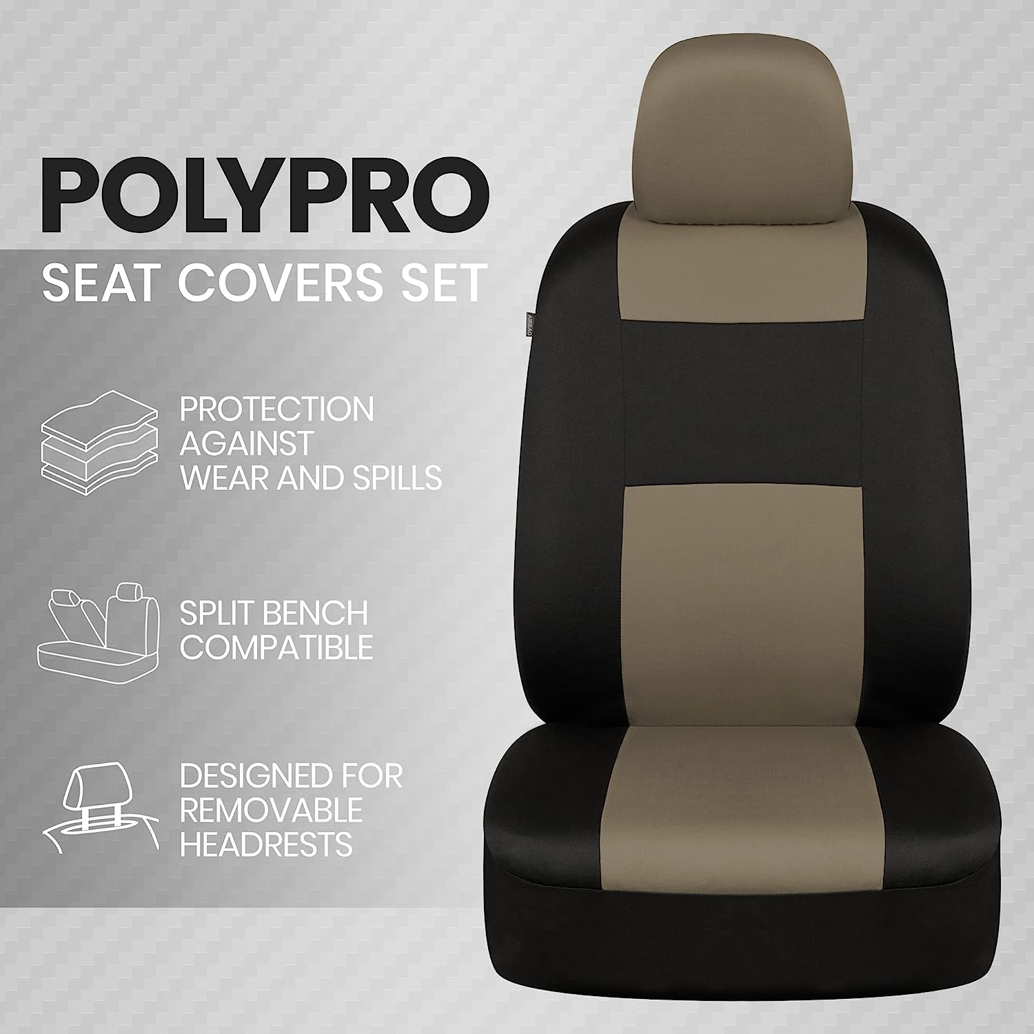 BDK PolyPro Seat Covers Full Set in Beige on Black – Front and Rear Split Bench Seat Covers for Cars, Easy to Install , Car Accessories for Auto Trucks Van SUV
