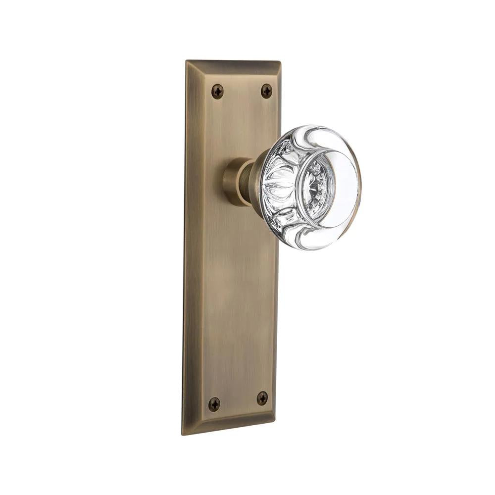 York Plate 2-3/4 in. Backset Antique Brass Privacy Bed/Bath Round Clear Crystal Glass Door Knob