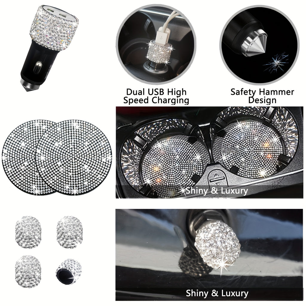 27pcs Bling Car Accessories Set For Women, Bling Steering Wheel Covers Universal Fit 15 Inch, Bling License Plate Frame,  Phone Holder, Car Coasters