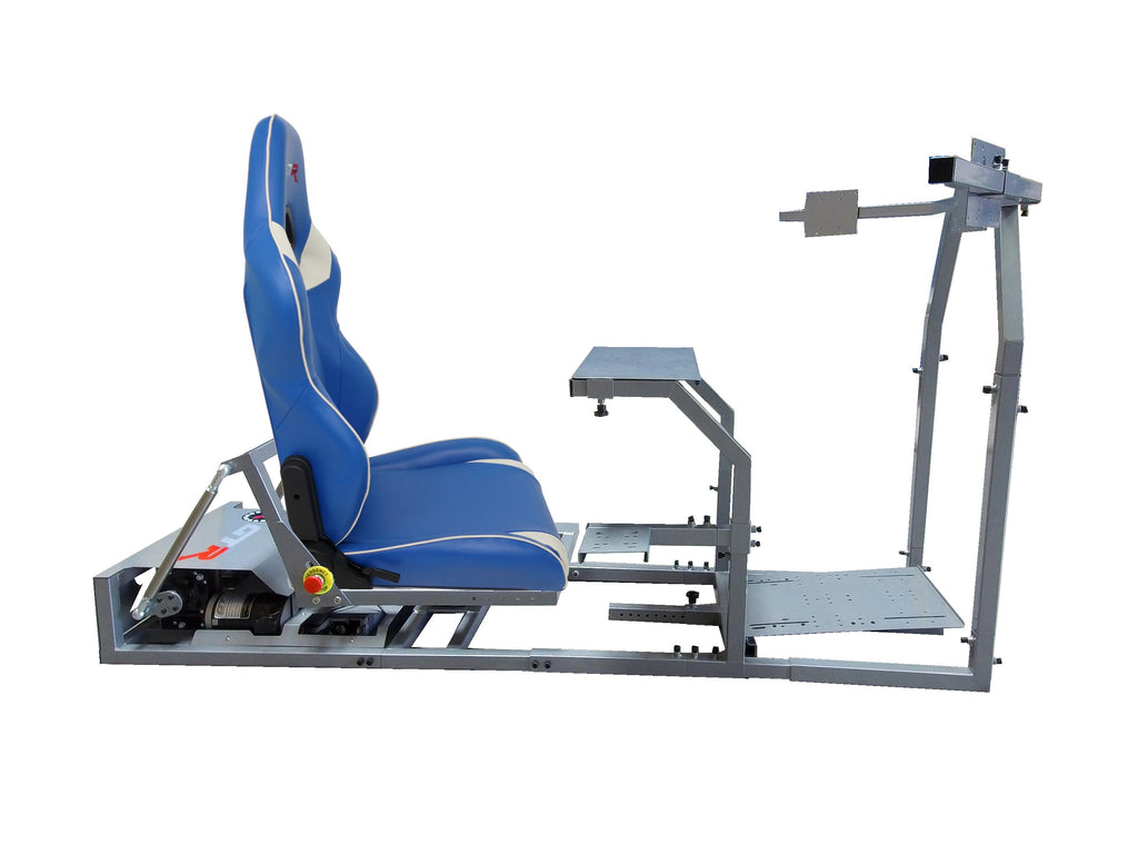 GTR Simulator - GTM Motion Simulator 2DoF Cockpit with Real Racing Seat and Mounts for Triple Monitor, Throttle/Stick Shifter &amp; Wheel/Yoke/HOTAS - Silver Frame Blue/White Seat