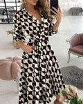 Geometric print color-blocking long-sleeved wrap dress