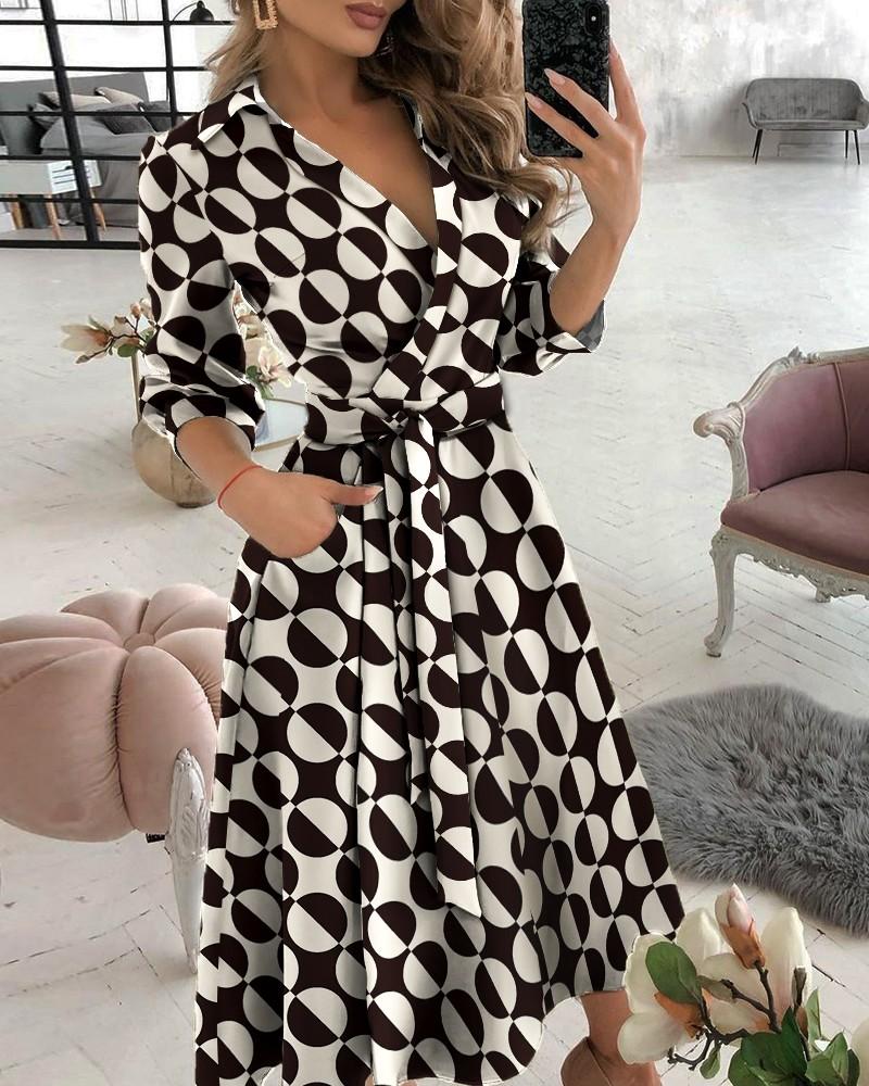 Geometric print color-blocking long-sleeved wrap dress