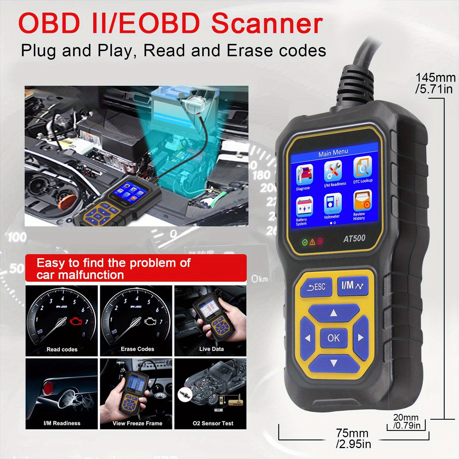 Car Code Reader, OBD2 Scanner Check Engine Light Fault Code Reader Scanner CAN Diagnostic Scan Tool For All OBDII Protocol Cars Since1996