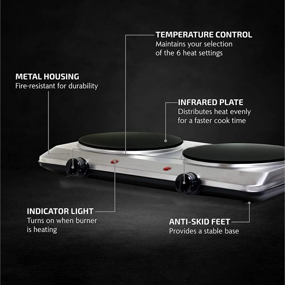 Electric Double Infrared Burner 7.5 Inch Ceramic Glass Hot Plates Cooktop, 1500W Portable Countertop Stove with 6 Level