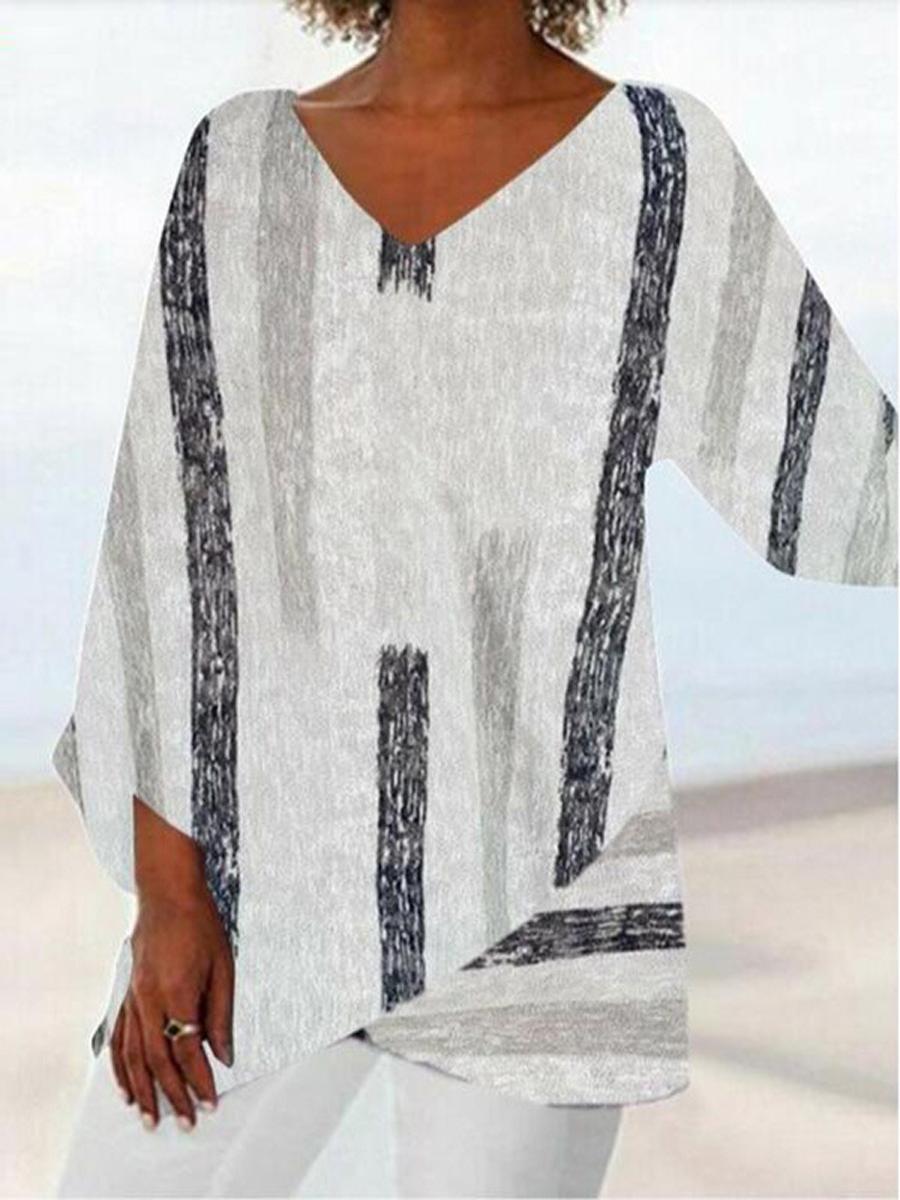 Casual V-Neck Stripe Print Irregular Hem Shirt
