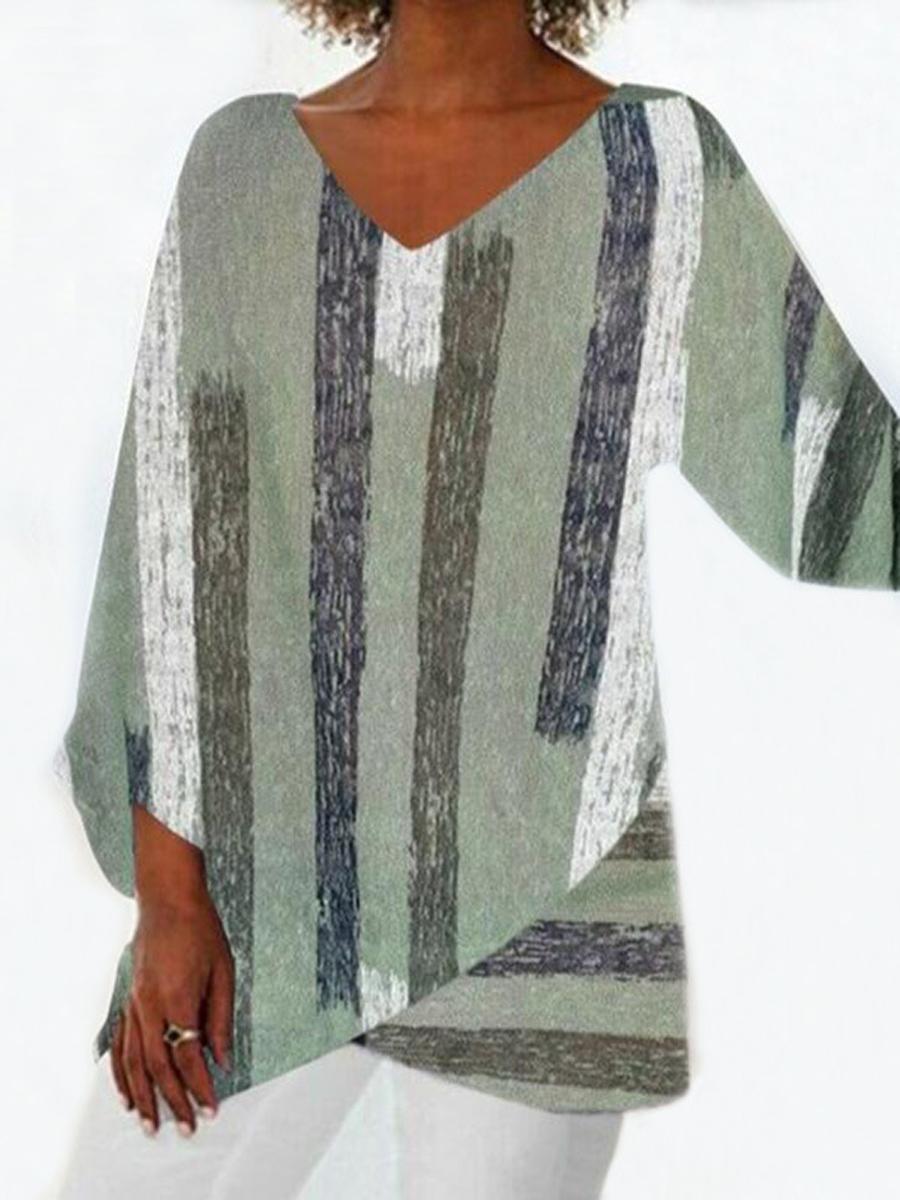 Casual V-Neck Stripe Print Irregular Hem Shirt